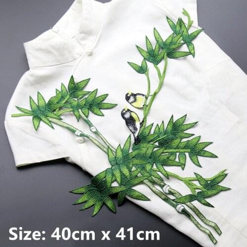 Large Green Bamboo with Bird Embroidered Patches for Clothes Sew On DIY Applique Embroidery Flower Home Decoration Accessories