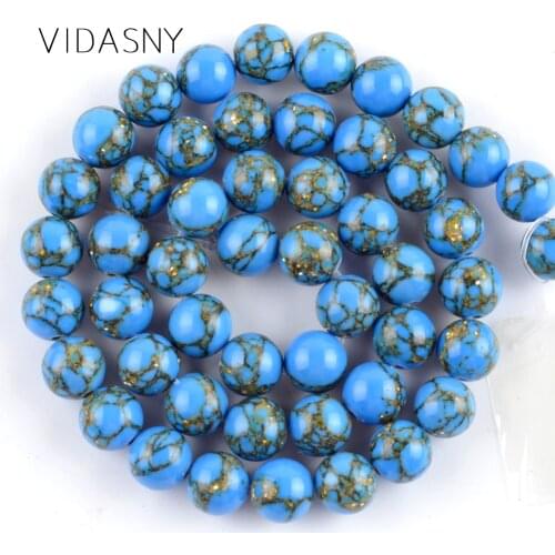 Blue Gold Line Turquoises Natural Gem Round Stone Beads For Jewelry Making 4 6 8 10mm Spacer Beads Diy Bracelet Necklace 15