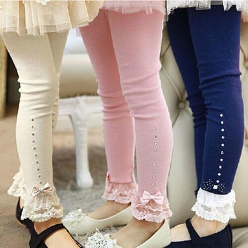 Children leggings Baby girls spring fall pink blue beige lace trim ruffle rhinestone leggings kids princess cotton legging