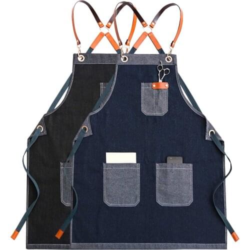 Patchwork Denim Cooking Baking Pocket Coffee Pinafore Cafe Shop House Cleaning Bibs Canvas Master Apron For Kitchen Accessories