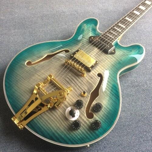 Jazz Hollow Body Electric Guitar,Ebony fingerboard,Gold hardware 2F holes,Flame maple top & back electric guitar, Free shipping