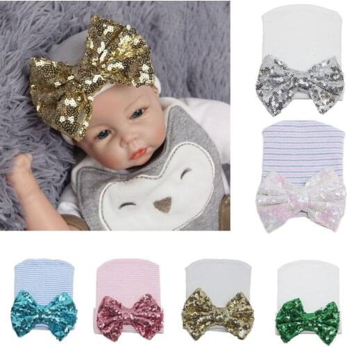 2019 Hot Cute Baby Hat Newborn Baby Girl Infant Kid Sequin Bowknot Beanie Hat Knit Hospital Cap For Cosplay Party Birthday Hats