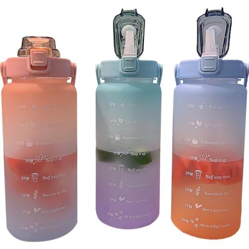 Gradient sports water bottle with time scale, portable capacity translucent fitness pot handle, plastic leak proof water cup