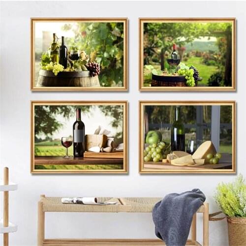 Green Grape Red Wine in Glass With Cheese Modern Home Kitchen Decor Fruits Wall Art Pictures For Living Room HD Canvas Paintings