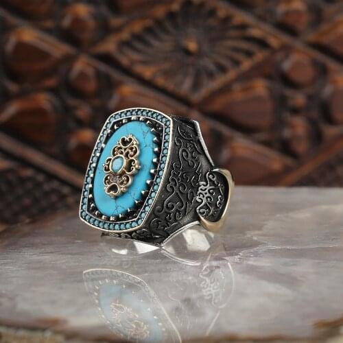 925 Sterling Silver Ring for Men Handmade Turquoise Stone Gift Mens Rings All Size Women Turkish Fashion Jewelry