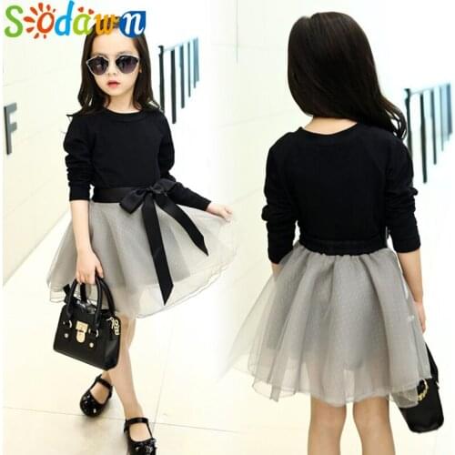 Sodawn Autumn & Spring Baby Girls Dress Set Black Sleeved Tees Top+Grey Mini Skirt With Lovely Bowknot Decorate Fashion Dress