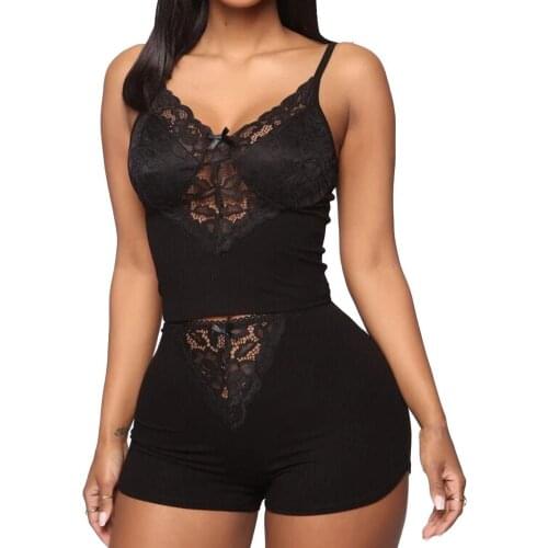 Summer new fashion womens comfortable V-neck solid color sling lace pajamas suit two-piece pajamas