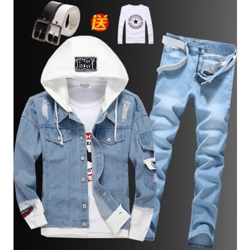 Mens Hooded Jacket Denim Coat Pencil Pants 2pcs Set Short Boys Jackets Jeans Trousers For Spring Autumn Clothing C78