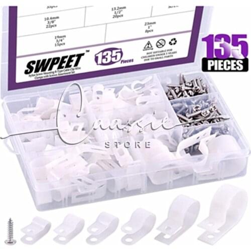 135 Pack 6 Sizes Black Nylon Plastic R-Type Cable Clips Clamp Assortment Kit, 1/4" 5/16" 3/8" 1/2" 3/4" 1" Nylon Screw Mounting
