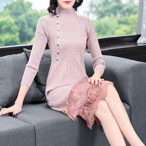 Autumn Knitted Dress Women 2020 Winter Elegant Round Neck Long Sleeve Patchwork Lace Vintage Dresses Casual Party Home Clothers