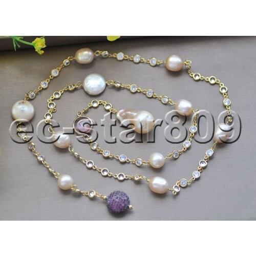 P7440 30" 26mm Pink Keshi & Baroque & Coin & Rice Pearl Necklace CZ Chain Choker Women jewelry