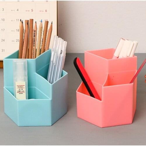 Portable Pencil Cup Holder Storage Box Diamon Shape Desktop Organizer with 3 Compartments for Home Office School Desk Supplies