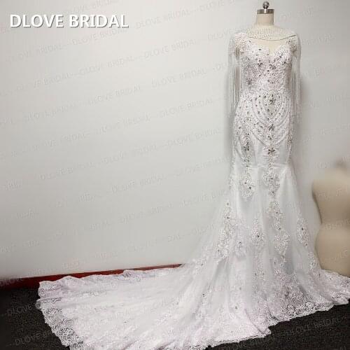 Stunning Beaded Lace Wedding Dress with Tassel Cape Crystal V Neck Lace Up Back Bridal Factory Custom Made Real Photos