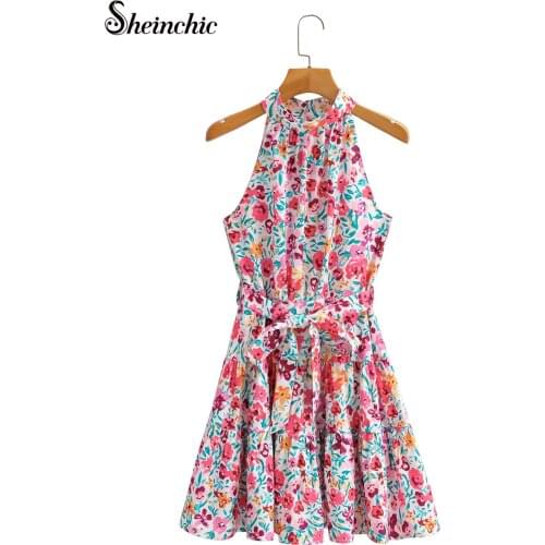 Sexy Halter Floral Printed Woman Dress 2021 Summer Bohemian Bohemian Chiffon Dresses for Women