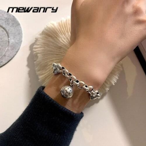 Mewanry 925 Sterling Silver Thick Chain Bracelet Trend Punk Hip Hop Vintage Couples Lucky Smiley Bell Jewelry Gifts for Women