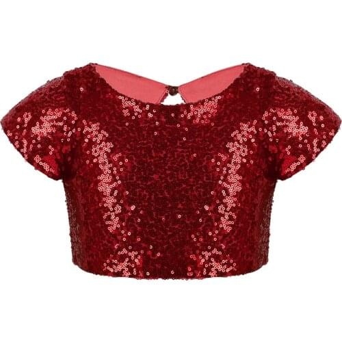 Children Kids Girls Tops Jazz Dance Costumes Cap Sleeve Shiny Sequins Crop Top For Ballet Dance Stage Performance Dancewear