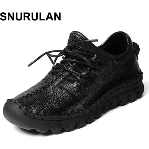 SNURULAN Women Genuine Leather Shoes,High Quanlity Handmade Comfortable Soft Flats Shoes Women Lace Up Sport Casual shoes