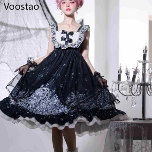 Japanese Gothic Lolita Jsk Dress Women Vintage Victorian Dream Amusement Park Sleeveless Bow Lace Princess Tea Party Dresses