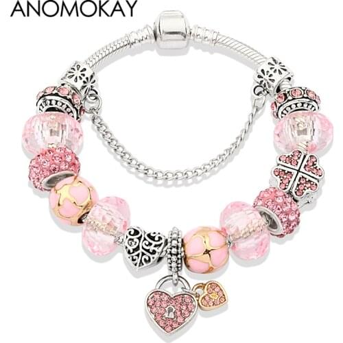Dropshipping Hot Pink Heart Flower Crystal Charm Bracelets for Women Girl Gift Pendant Beads Bracelets Diy Jewelry Making