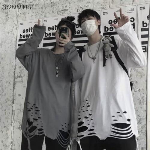 Women T-shirts Large Size 3XL Couple O-neck Solid Hole Oversize High Street Harajuku Designer Leisure All-match Females Popular