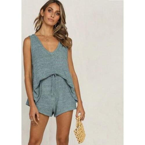 Women Sexy V-neck Sleeveless Knitted High Waist Tank Top +Drawstring Shorts Two Piece Set Summer Eleagant Casual Loose Outfits
