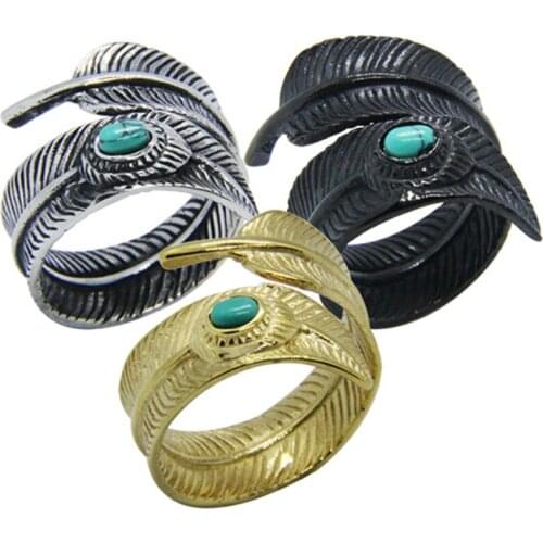 1pc New Design Green Stone Feather Ring 316L Stainless Steel Jewelry Band Party Golden Ring