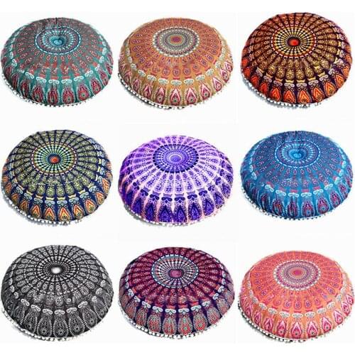 Home Round Pillow Case Indian Mandala Geometric Meditation Floor Cushion Cover