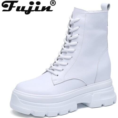 Fujin 8cm High Platform Hidden Heel Wedge Women Ankle Boots Split Leather Waterproof Spring Autumn Motorcycle Punk Booties Shoes