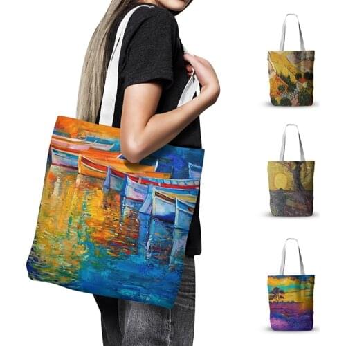 New Oil Painting Retro Style Canvas Bag Women Hand Shopping Bag Large Capacity Shoulder Bag Fun Landscape Sailing Boat Tote Bag