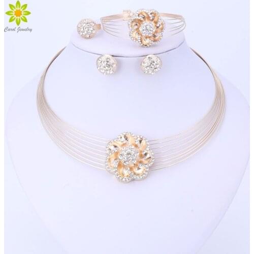 Jewelry Sets For Women Fine Crystal Necklace Set African Beads Earrings Gold Color Flower Pendant Wedding Dress Accessories