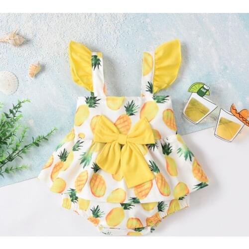Summer Baby Girls Lovely Rompers 0-12M Flowers/Fruit Printed Ruffles Short Sleeve Big Bowknot Jumpsuits
