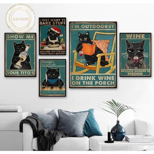 Cartoon Funny Black Cat Retro Posters and Prints Nordic Abstract Canvas Painting Wall Art Pictures Home Decoration Living Room