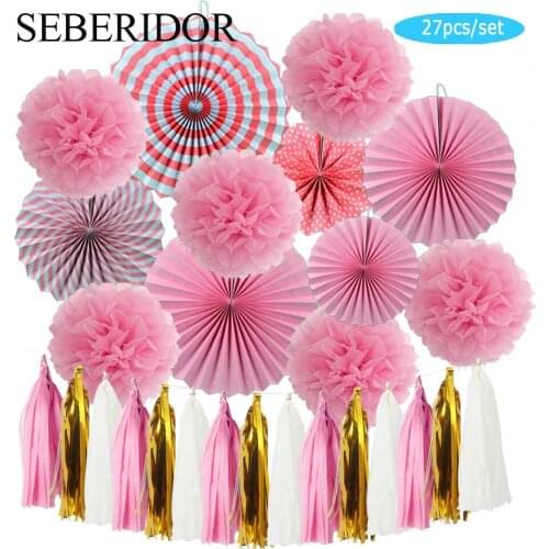 Mi Primera Comunion Party Favor Pink Blue Set Mixed Size Paper Fan DIY Tassel Pompoms For Kids Girl Boy Baptism Wedding Decor