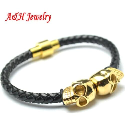 New Arrival High Quality 316L Stainless Skull Charms 6mm Diameter Genuine Leather Men And Women Bracelets