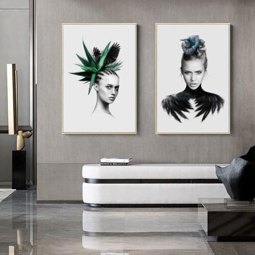 Modern Girl Feather Hair Character Poster Canvas Print Painting Wall Art Living Room Home Decoration