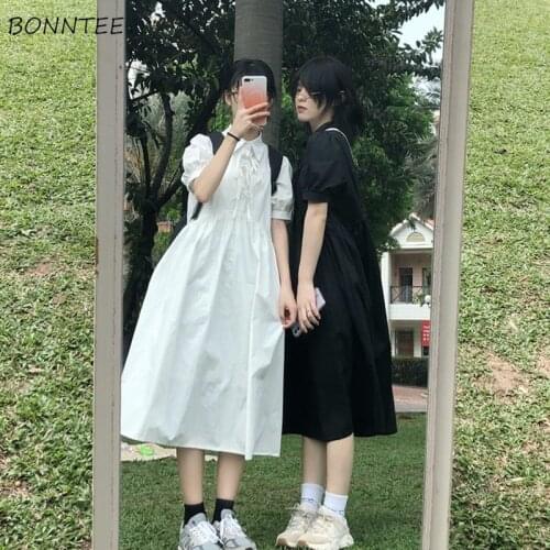 Puff Sleeve Dresses Women College Turn-down Collar Button French Style Vintage Loose Retro Solid Lace-up Female Midi Vestidos