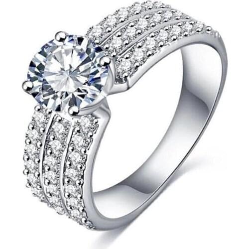 Luxury Three Row Crystal Ring for Womens Elegant Temperament Glamorous Lady Silver Color Ring Bridal Wedding Jewelry