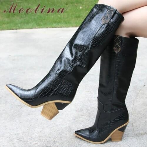 Meotina Embossed Knee High Boots Women Strange Style High Heel Western Boots Pointed Toe Long Shoes Winter Autumn Boots Size 46