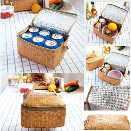 NoEnName Lunch Bag Rattan Women Men Kids Portable Insulated Thermal Cooler Lunch Box Carry Tote Picnic Food Case Storage Bag