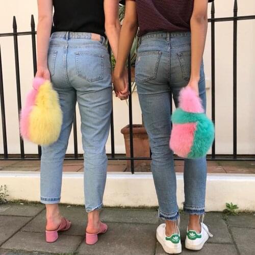 Real fox fur handbag colorful patchwork genuine fox fur bag crossover plush blue fox rainbow handbag women vest drawstring bag