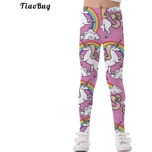 TiaoBug Cute Kids Girls High Waist Elastic Waistband Cartoon Rainbow Horse Print Good Stretchy Crop Legging Pants Trousers