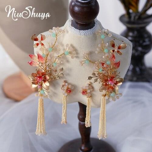 NiuShuya Vinatge Clear Red Flower Bridal Barrettes with Earring Crystal Tassles Head Wear Set Wedding Hair Accessorie