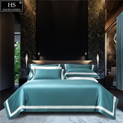 Lake Blue Water Soluble Lace Design Pure Cotton Fabric 4 Pieces Bedding Sets Nordic Style Duvet Cover Pillowcase Bed Sheet