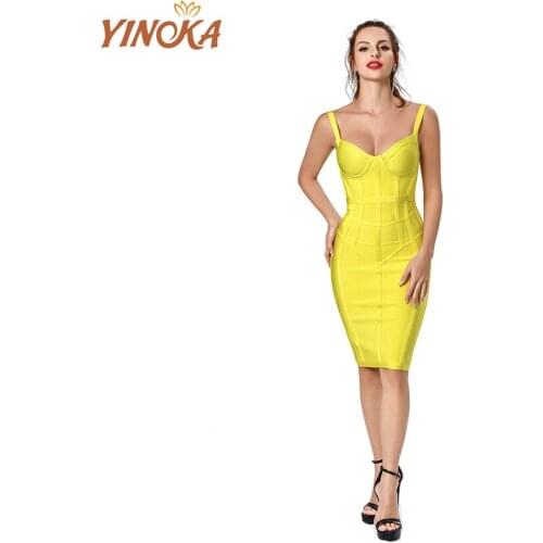 Yinoka elegant bandage dresses uk set yellow midi clubwear women party wear sexy prom evening luxury bodycon dinner dress