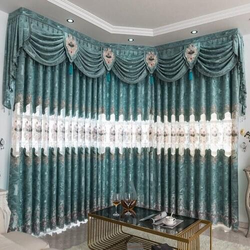 Custom curtains European hollow Jacquard blue Chenille embroidered bedroom cloth blackout curtain tulle valance drape M743