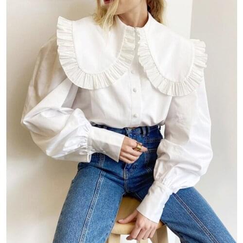 Spring Summer Women lapel Blouse solid White Collar Ruffle Long Sleeve Cotton Casual Tops Frill Shirt camisetas verano mujer