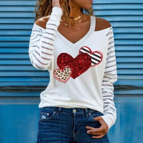 Casual Women V Neck Heart Print Blouses Shirts Elegant Hollow Out Halter Pullover Tops Sexy Striped Patchwork Long Sleeve Blusas