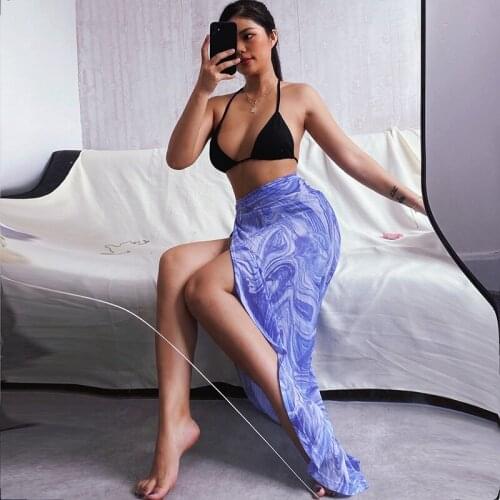 Womens Mesh Beach Skirt High Waist Abstract Striped Printed Swimsuit Wrap Skirt Bikini Top 2021 Fall New Sexy Personality