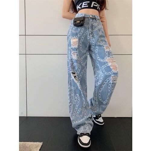 Vintage Jeans 2021 Women Holes Chain Printed High Waist Loose Wide Leg Denim Pants Fall Blue Full Trousers 3329