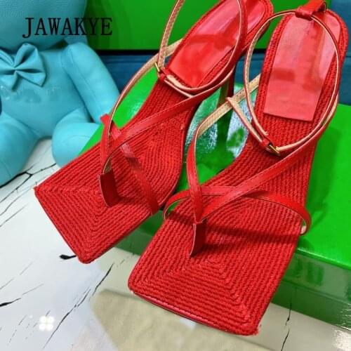 New Woven Clip-on Women Sandals Runway Square Split Toe High Heels Party Wedding Shoes Sexy Ankle Strap Summer Gladiator Sandals